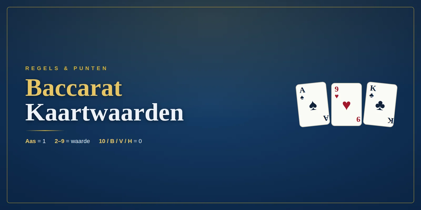 Baccarat kaartwaarden: aas telt 1, tien en plaatjes tellen 0