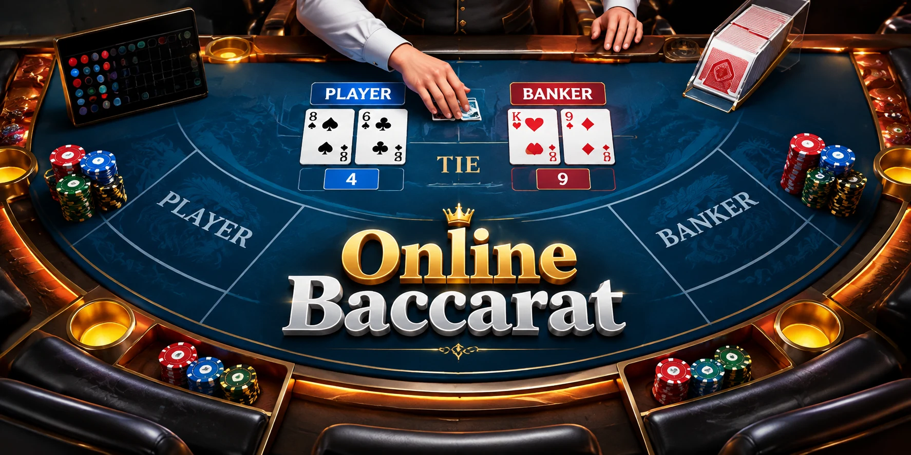 Online baccarat tafel met speler- en bankhand en casino fiches