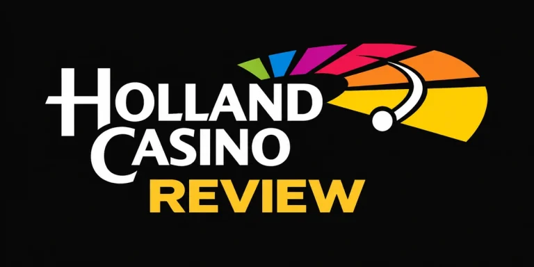 Holland Casino review met logo en gouden accenten op zwarte achtergrond