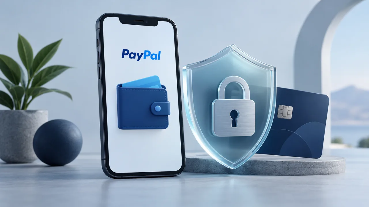 Smartphone met PayPal-wallet naast een beveiligingsschild, slot en bankkaart