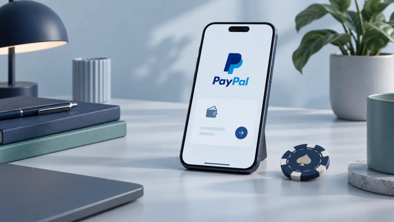 Smartphone met PayPal-betaalscherm naast een casinofiche