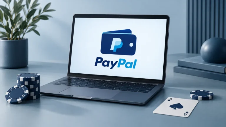 Laptop met PayPal-wallet, casinofiches en een speelkaart