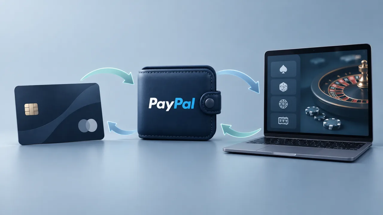 Bankkaart, PayPal-wallet en laptop met pijlen voor stortingen en opnames